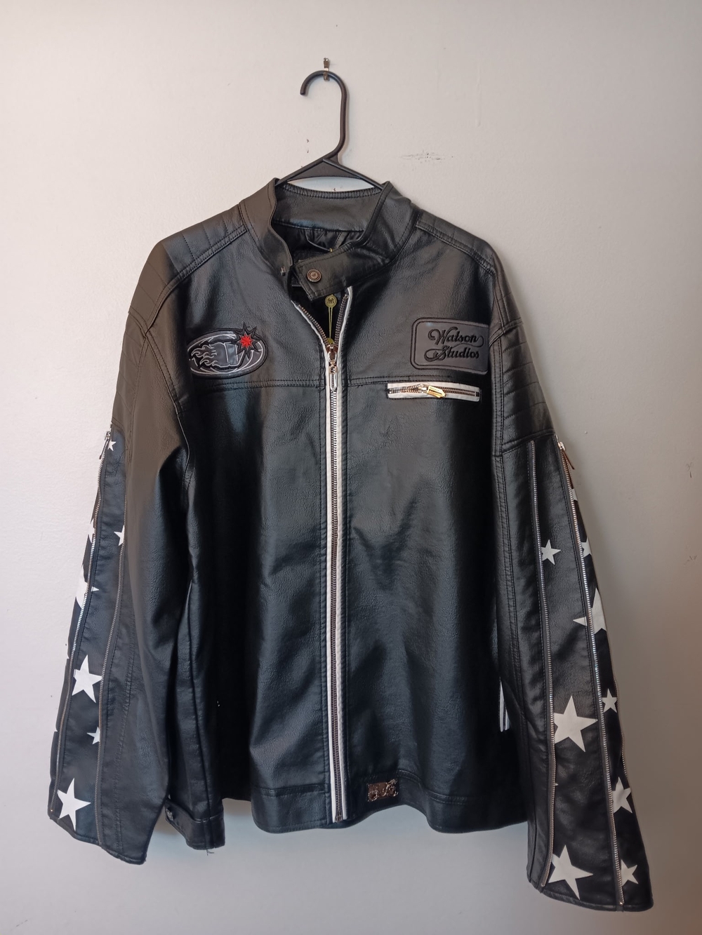 Men’s Watson Black Faux Leather Performance Jacket with Star-Print Sleeves